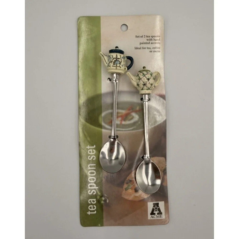 Vintage ACME Teapot Teaspoon Set 2 Hand Painted Tea Pot Spoons Cottagecore NEW